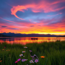 A stunning landscape with a vibrant sunset over a tranquil lake, with mountains in the background silhouetted against the colorful sky