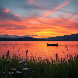A stunning landscape with a vibrant sunset over a tranquil lake, with mountains in the background silhouetted against the colorful sky
