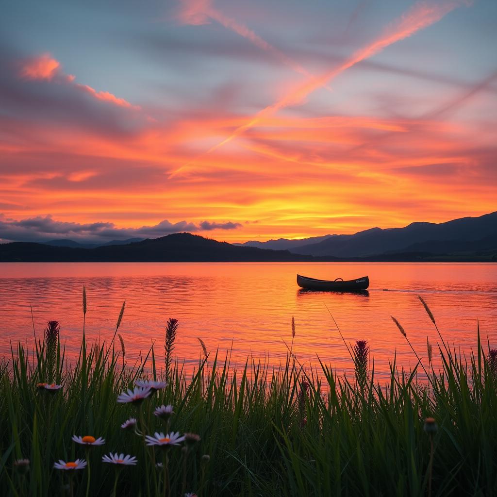 A stunning landscape with a vibrant sunset over a tranquil lake, with mountains in the background silhouetted against the colorful sky