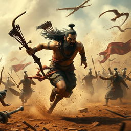 A photorealistic depiction of a fierce battle scene from the Mahabharata, featuring Bhima, a towering and muscular warrior, sprinting across a chaotic battlefield