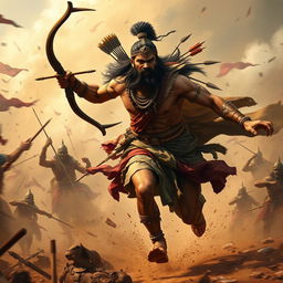 A photorealistic depiction of a fierce battle scene from the Mahabharata, featuring Bhima, a towering and muscular warrior, sprinting across a chaotic battlefield