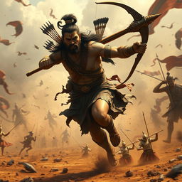 A photorealistic depiction of a fierce battle scene from the Mahabharata, featuring Bhima, a towering and muscular warrior, sprinting across a chaotic battlefield