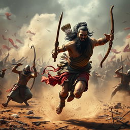 A photorealistic depiction of a fierce battle scene from the Mahabharata, featuring Bhima, a towering and muscular warrior, sprinting across a chaotic battlefield