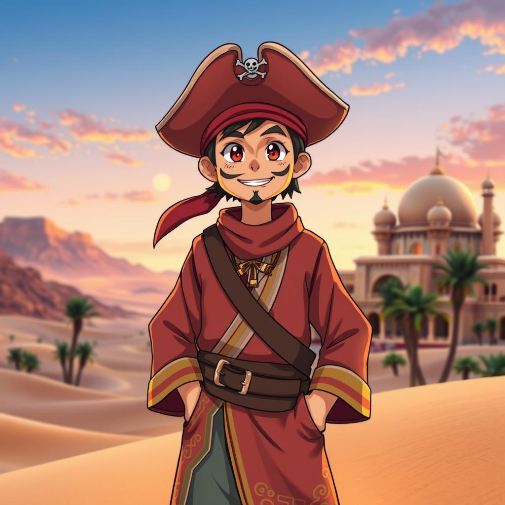 A character resembling a popular anime pirate, wearing a traditional Omani outfit, which includes a vibrant dishdasha (long tunic) and a topi (cap), standing proudly against a backdrop of beautiful Omani architecture