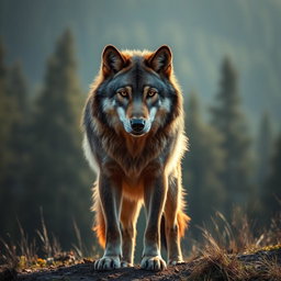 A stunning, raw photograph of a majestic wolf standing proudly in a natural landscape, showcasing its beautiful fur and intense gaze