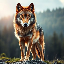 A stunning, raw photograph of a majestic wolf standing proudly in a natural landscape, showcasing its beautiful fur and intense gaze