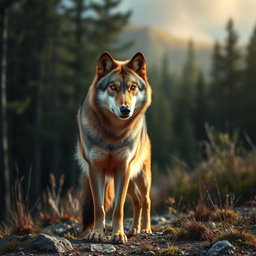 A stunning, raw photograph of a majestic wolf standing proudly in a natural landscape, showcasing its beautiful fur and intense gaze