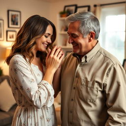 A heartwarming scene of a 30-year-old woman gently kissing her father's hands, showcasing a moment of deep affection and respect