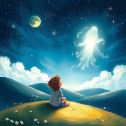 A mystical scene depicted in a whimsical, dreamlike style, showcasing a young boy sitting on a grassy hill, gazing up at a vast night sky filled with twinkling stars and a glowing moon
