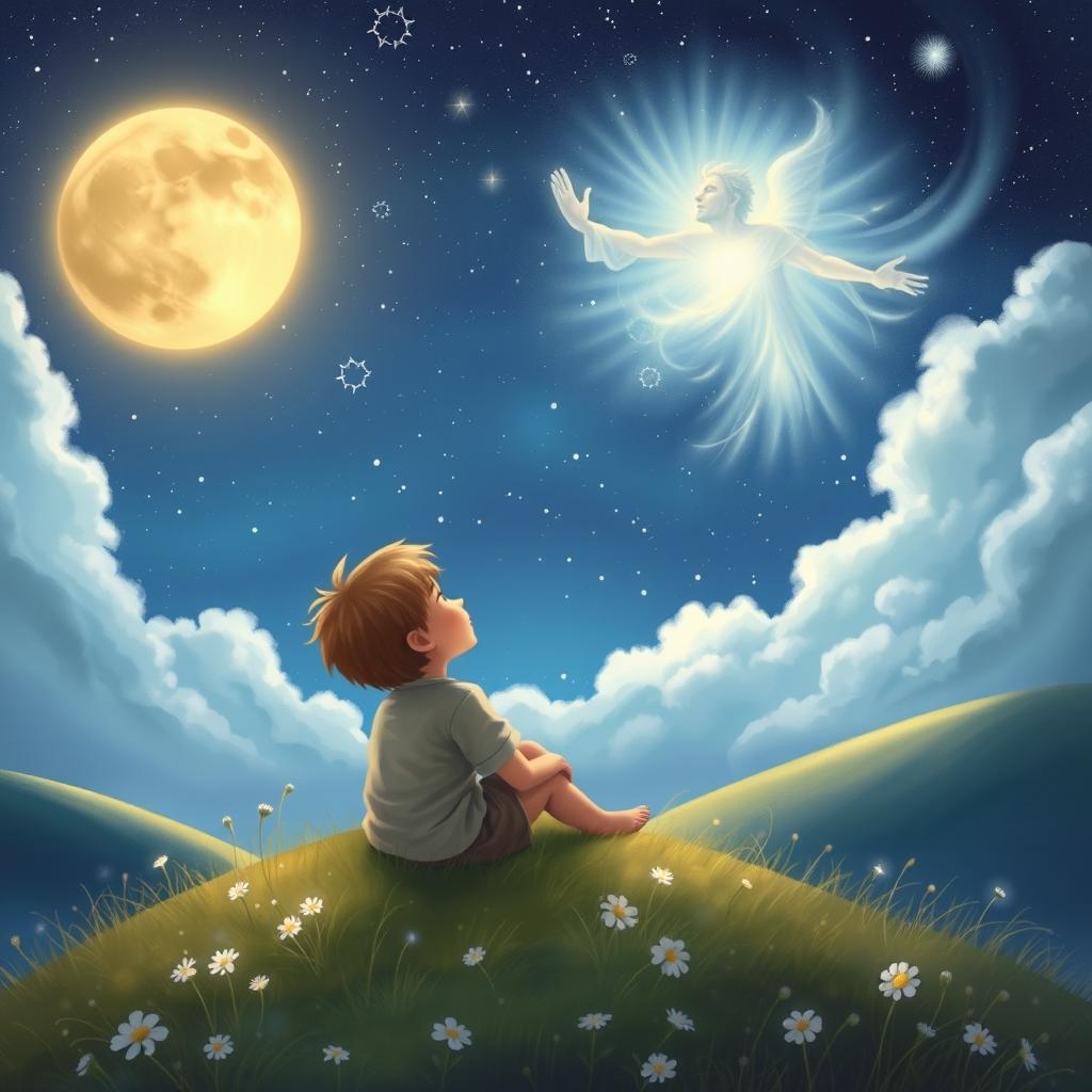 A mystical scene depicted in a whimsical, dreamlike style, showcasing a young boy sitting on a grassy hill, gazing up at a vast night sky filled with twinkling stars and a glowing moon