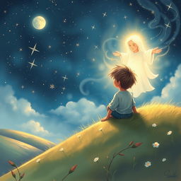 A mystical scene depicted in a whimsical, dreamlike style, showcasing a young boy sitting on a grassy hill, gazing up at a vast night sky filled with twinkling stars and a glowing moon