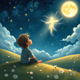 A mystical scene depicted in a whimsical, dreamlike style, showcasing a young boy sitting on a grassy hill, gazing up at a vast night sky filled with twinkling stars and a glowing moon