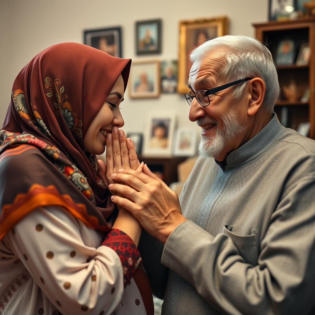 A scene depicting a 30-year-old woman wearing a colorful hijab, tenderly kissing the hands of her father in a loving gesture