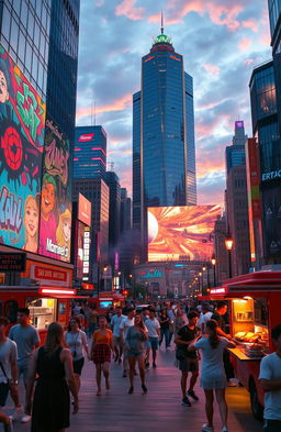 A visually captivating and engaging concept for a viral video featuring a stunning, lively urban cityscape at sunset, showcasing vibrant street art and bustling pedestrians