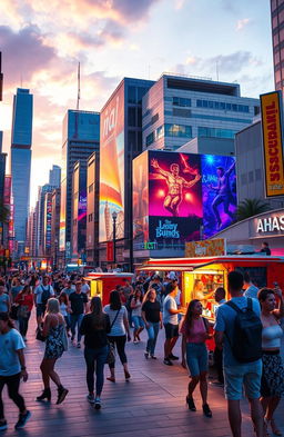 A visually captivating and engaging concept for a viral video featuring a stunning, lively urban cityscape at sunset, showcasing vibrant street art and bustling pedestrians