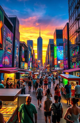 A visually captivating and engaging concept for a viral video featuring a stunning, lively urban cityscape at sunset, showcasing vibrant street art and bustling pedestrians