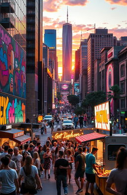 A visually captivating and engaging concept for a viral video featuring a stunning, lively urban cityscape at sunset, showcasing vibrant street art and bustling pedestrians