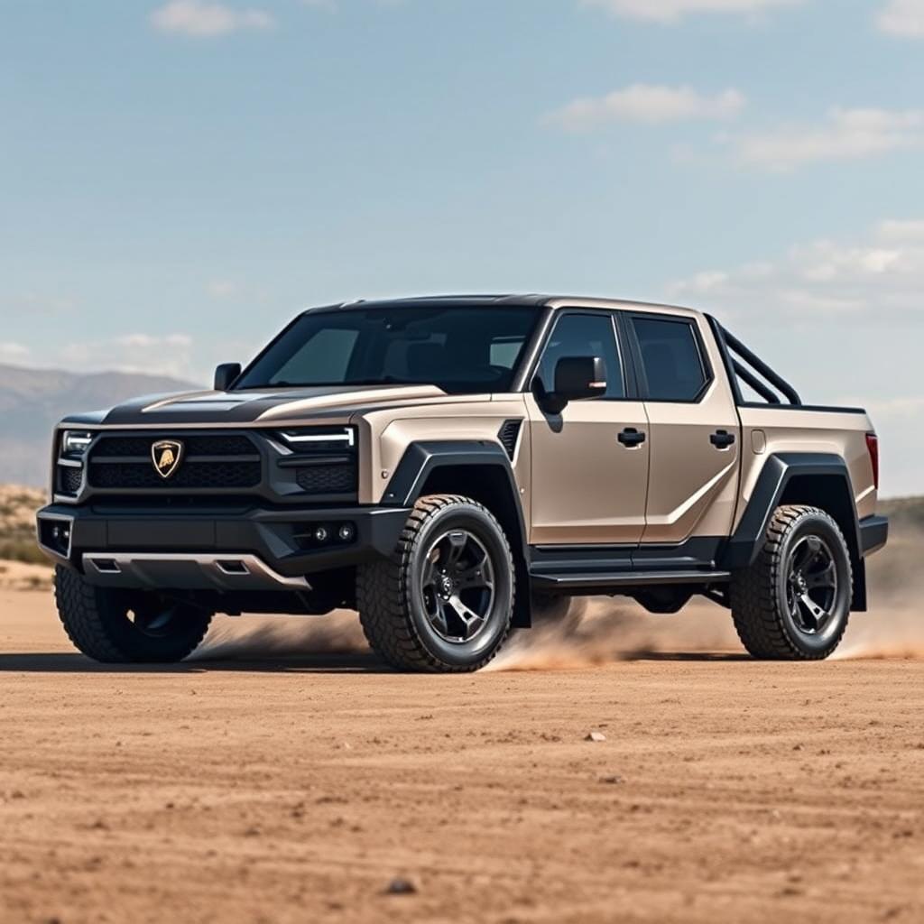 A stunning light truck inspired by Lamborghini's iconic design, featuring a powerful V8 engine and capable 4x4 drivetrain