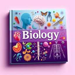 A beautifully designed book cover showcasing various biology-related elements like the human heart, brain, skeleton, diverse animals, colorful cells, and intricate human anatomy
