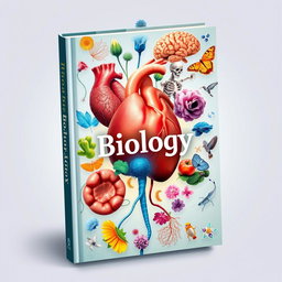 A beautifully designed book cover showcasing various biology-related elements like the human heart, brain, skeleton, diverse animals, colorful cells, and intricate human anatomy
