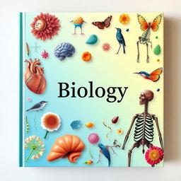 A beautifully designed book cover showcasing various biology-related elements like the human heart, brain, skeleton, diverse animals, colorful cells, and intricate human anatomy