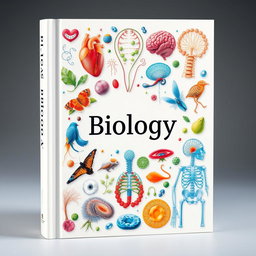 A beautifully designed book cover showcasing various biology-related elements like the human heart, brain, skeleton, diverse animals, colorful cells, and intricate human anatomy