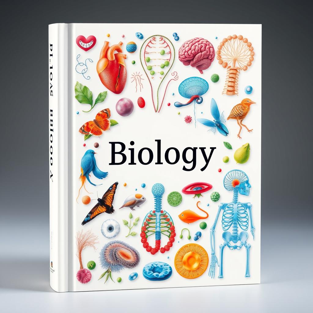 A beautifully designed book cover showcasing various biology-related elements like the human heart, brain, skeleton, diverse animals, colorful cells, and intricate human anatomy