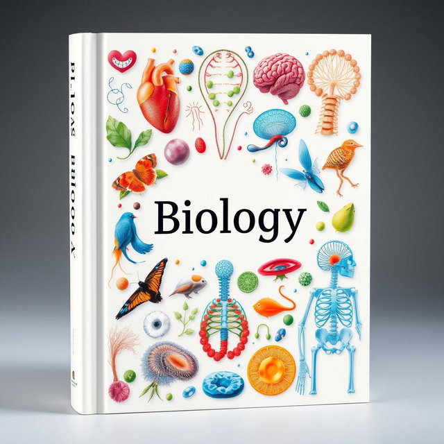 A beautifully designed book cover showcasing various biology-related elements like the human heart, brain, skeleton, diverse animals, colorful cells, and intricate human anatomy