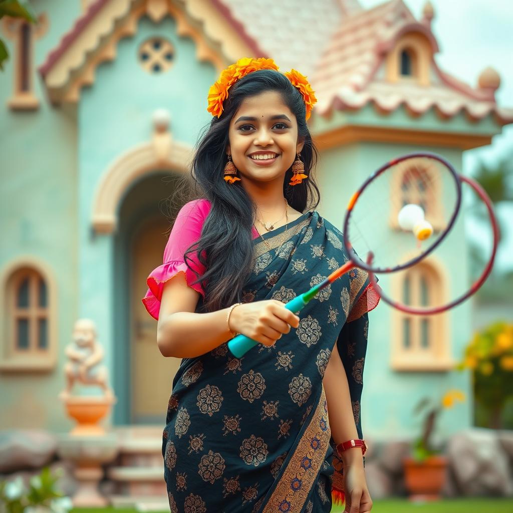 A beautiful young Indian woman is standing next to a surreal house, smiling and playing badminton