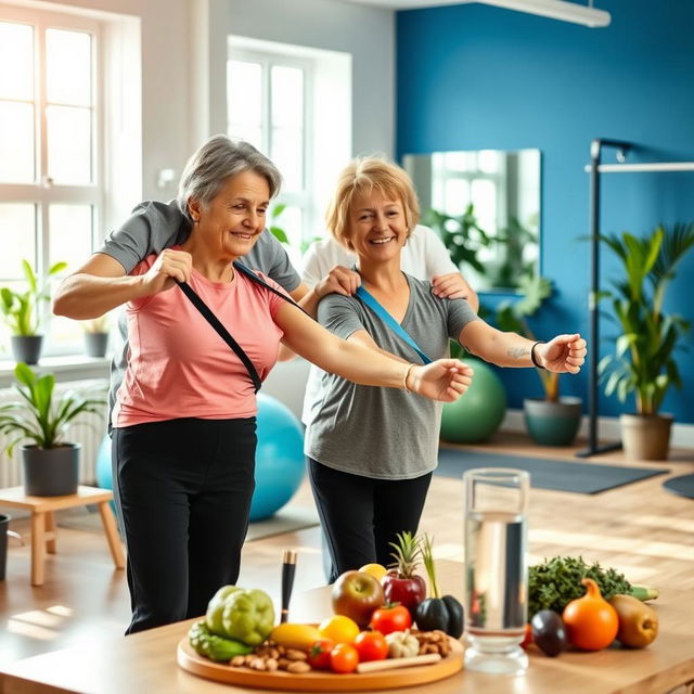 A vibrant and motivational scene depicting a physical therapy session in a bright, modern rehabilitation center