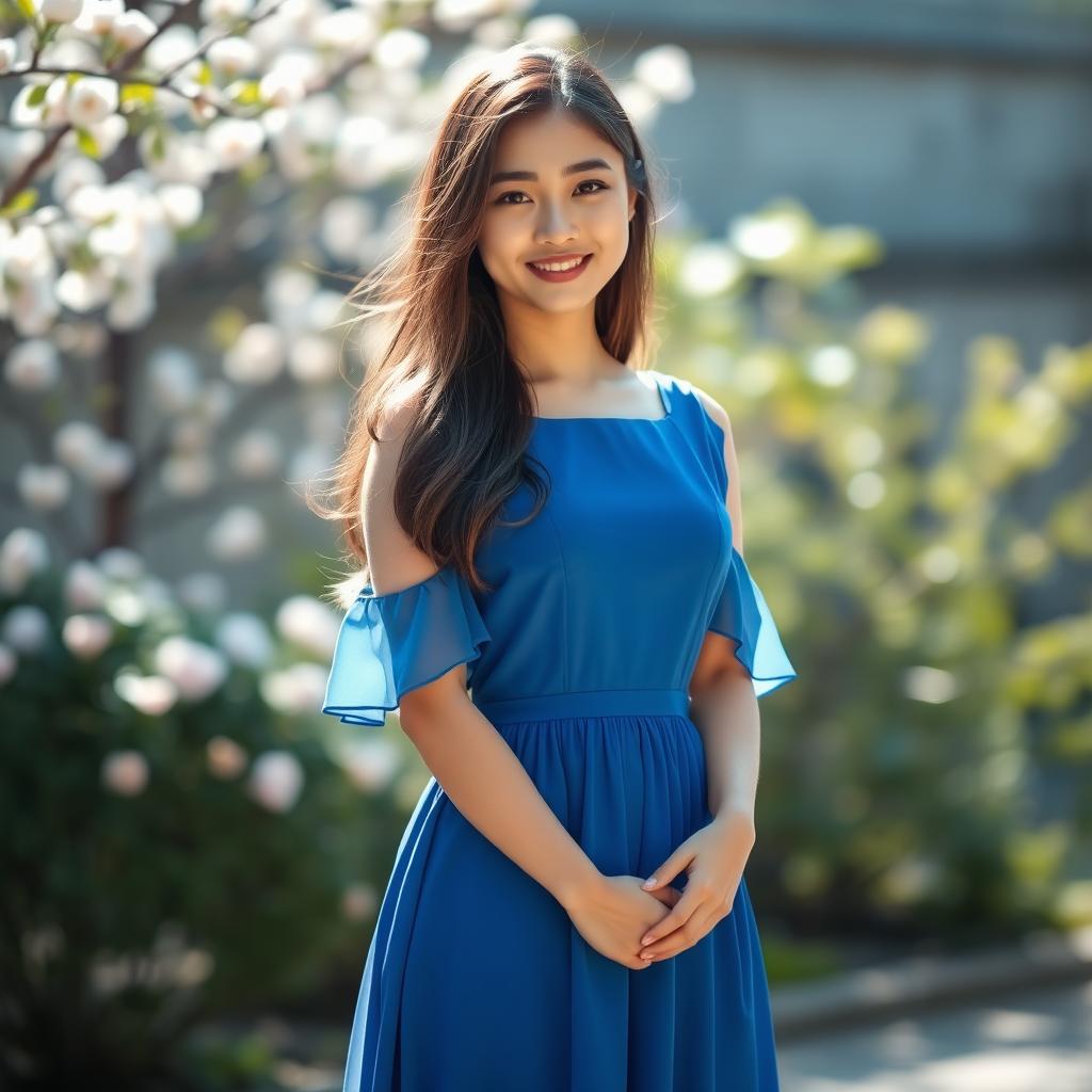 A young woman wearing a beautiful blue dress, standing in a serene outdoor setting with soft natural lighting