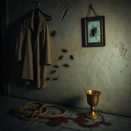 An atmospheric scene featuring the wall of an old house, textured and aged, adorned with peeling paint