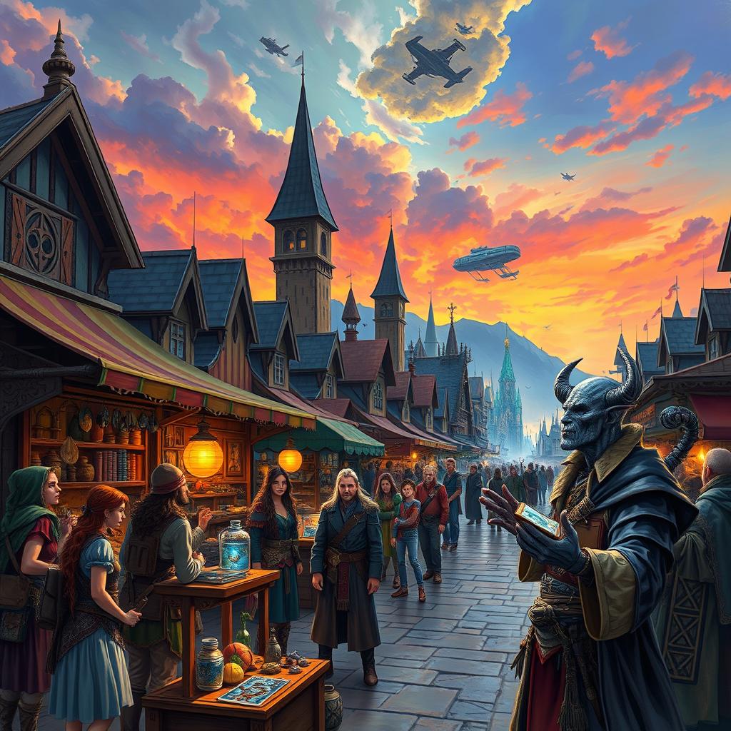 A detailed scene set in the Eberron campaign setting of Dungeons and Dragons, featuring a bustling market square in Sharn, the City of Towers