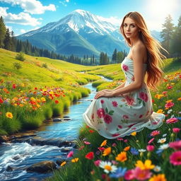 A vibrant fantasy landscape featuring a lush green meadow filled with colorful wildflowers
