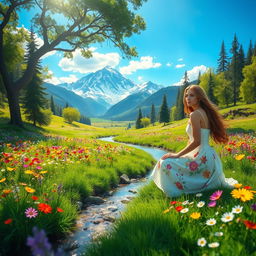 A vibrant fantasy landscape featuring a lush green meadow filled with colorful wildflowers