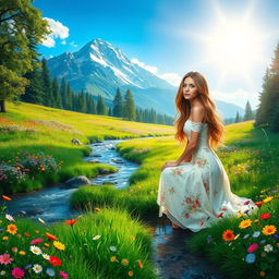 A vibrant fantasy landscape featuring a lush green meadow filled with colorful wildflowers