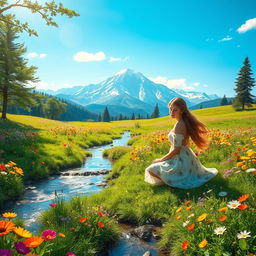 A vibrant fantasy landscape featuring a lush green meadow filled with colorful wildflowers
