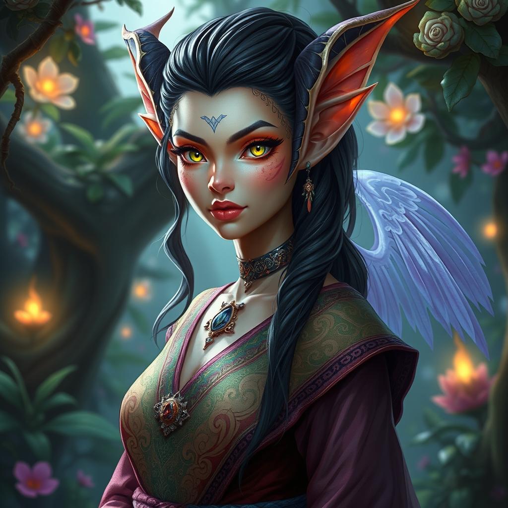A fantasy character portrayal of a Changeling from Dungeons & Dragons, depicted in a mystical forest setting
