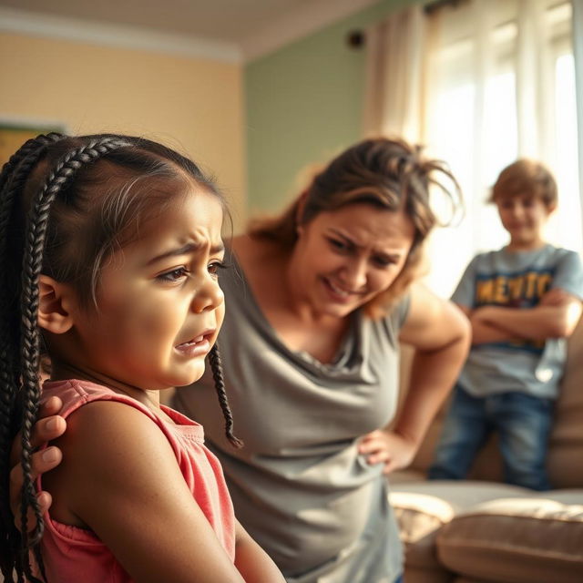 In a brightly lit room with warm afternoon light, an intense emotional scene unfolds