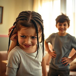 In a brightly lit room with warm afternoon light, an intense emotional scene unfolds