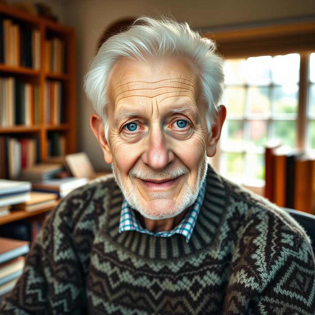 A portrait of an elderly man with a kind expression, featuring white skin and striking white hair, complementing his bright white eyes