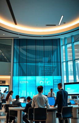 A modern banking management scene showcasing a sleek and futuristic bank interior with digital displays and interactive kiosks