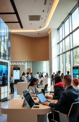 A modern banking management scene showcasing a sleek and futuristic bank interior with digital displays and interactive kiosks