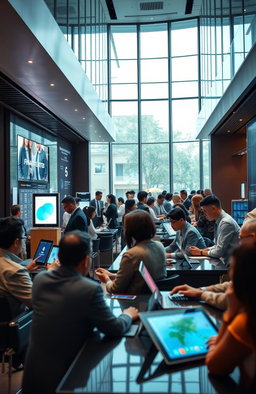 A modern banking management scene showcasing a sleek and futuristic bank interior with digital displays and interactive kiosks