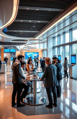 A modern banking management scene showcasing a sleek and futuristic bank interior with digital displays and interactive kiosks
