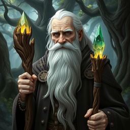 An elderly, wise-looking man in a fantasy Dungeons & Dragons setting, with white skin and a long, flowing white beard