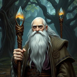 An elderly, wise-looking man in a fantasy Dungeons & Dragons setting, with white skin and a long, flowing white beard