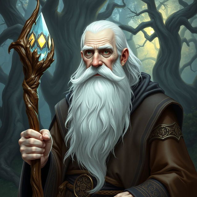 An elderly, wise-looking man in a fantasy Dungeons & Dragons setting, with white skin and a long, flowing white beard