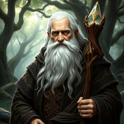 An elderly, wise-looking man in a fantasy Dungeons & Dragons setting, with white skin and a long, flowing white beard