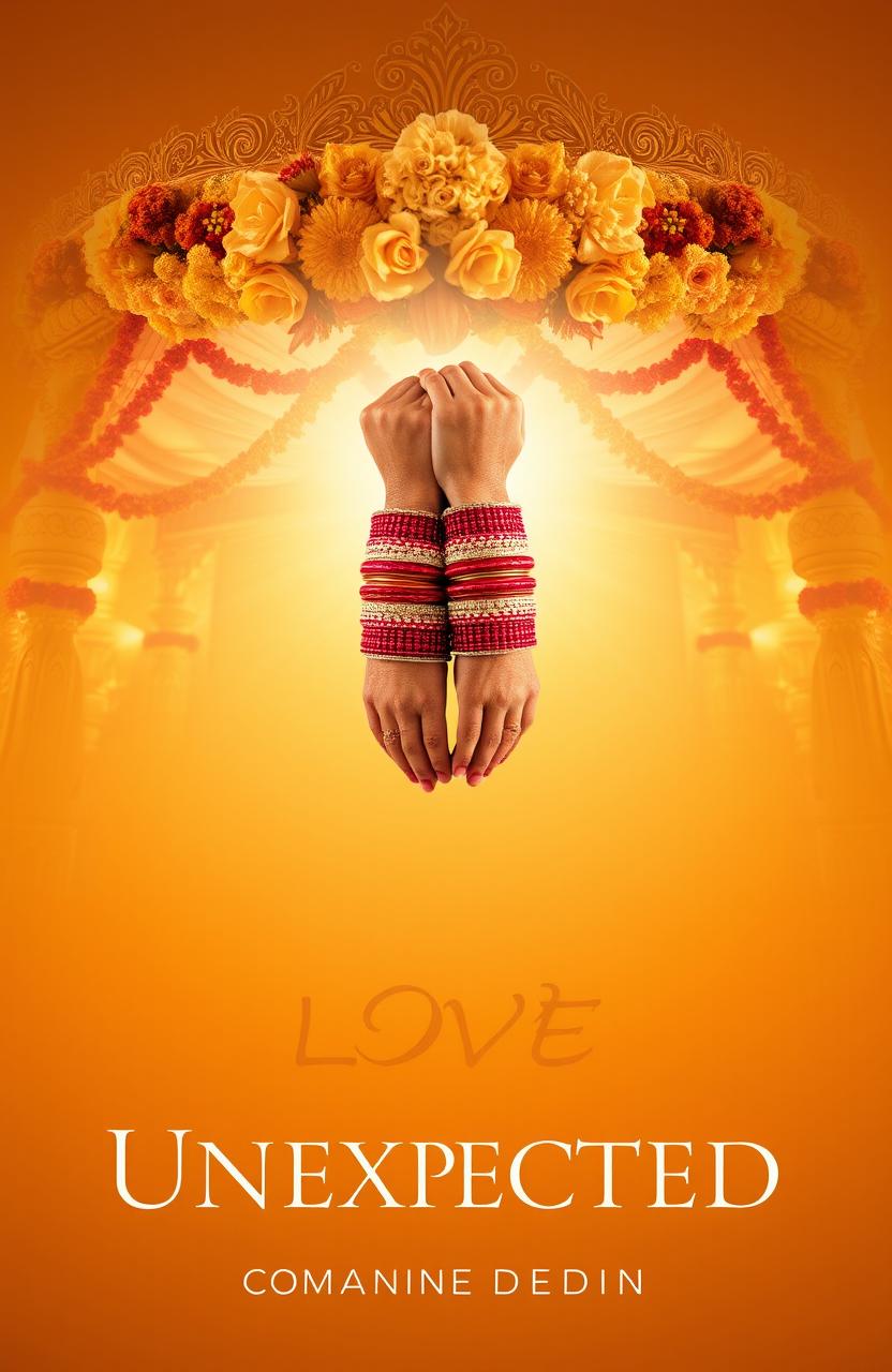 A beautiful, intricate mandap (wedding canopy) centered in the image, radiating a faint glowing aura